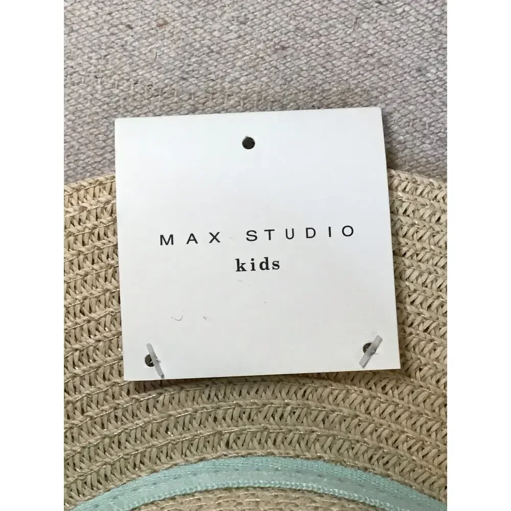 Max Studio kids straw sun hat, wide-brimmed light blue ribbon bow. New One Size